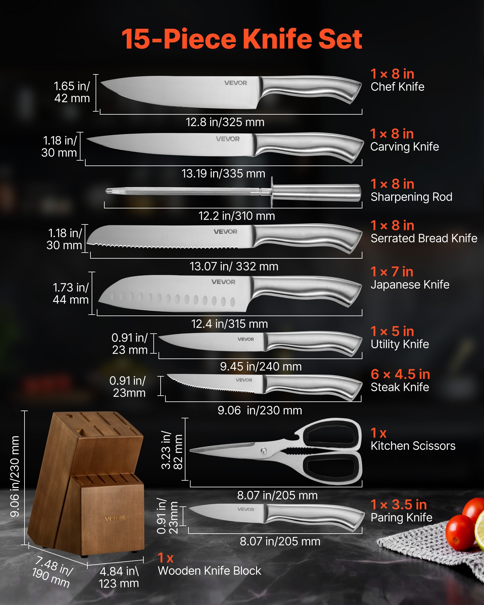 VEVOR Kitchen Knife Set with Block and Sharpener, 15 Piece German High Carbon Stainless Steel  Sharp Knife Set, Kitchen Cutlery with Ergonomic Handle, Sharpening Rod and Wooden Block, for Home Cooks
