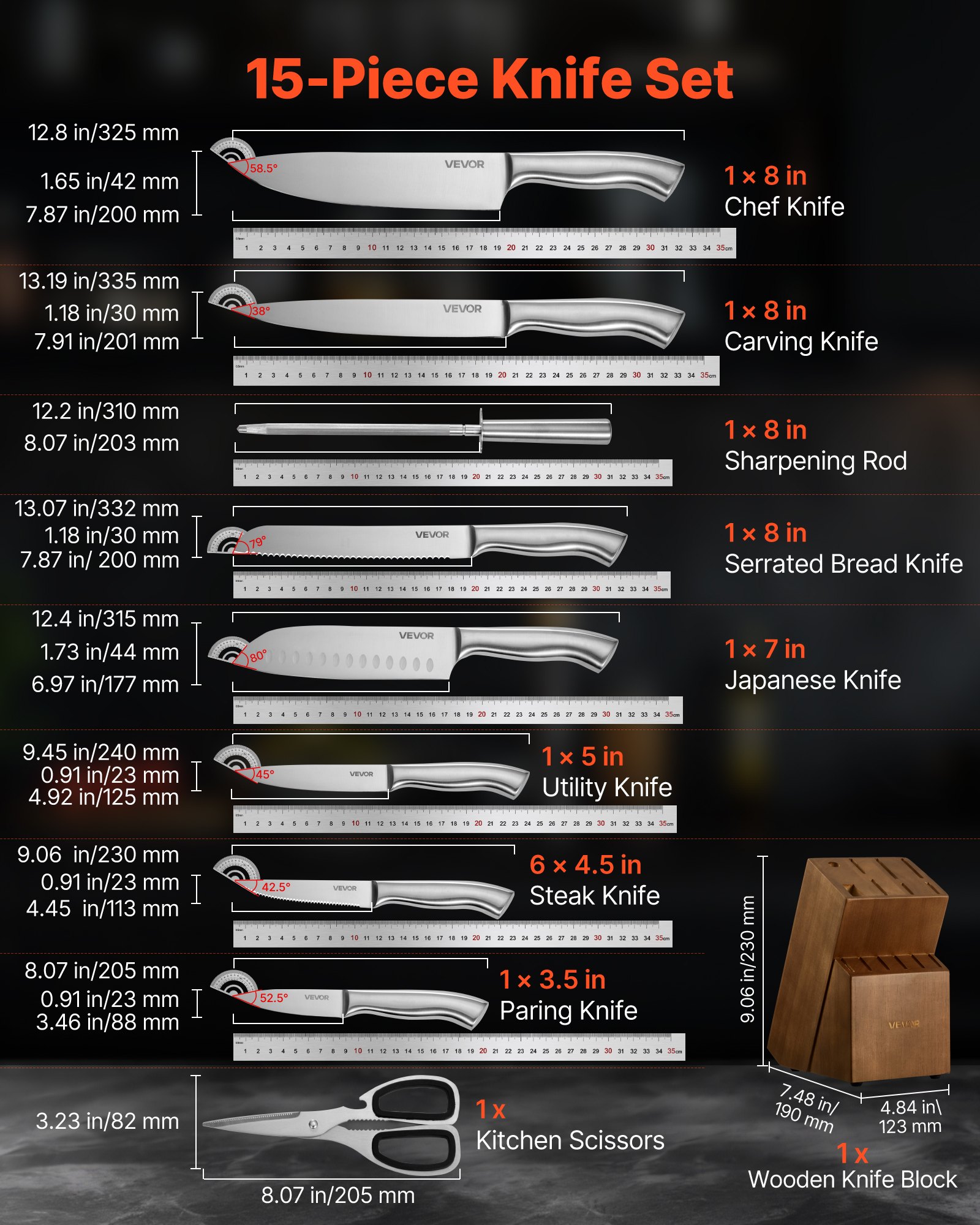 VEVOR Juego de Cuchillos de Cocina, con Bloque de Madera y Afilador, con Cuchillos Afilados de Acero Inoxidable de Alto Carbono, con Mango Ergonómico, 15 Piezas, 123 x 190 x 345 mm, Color Plata