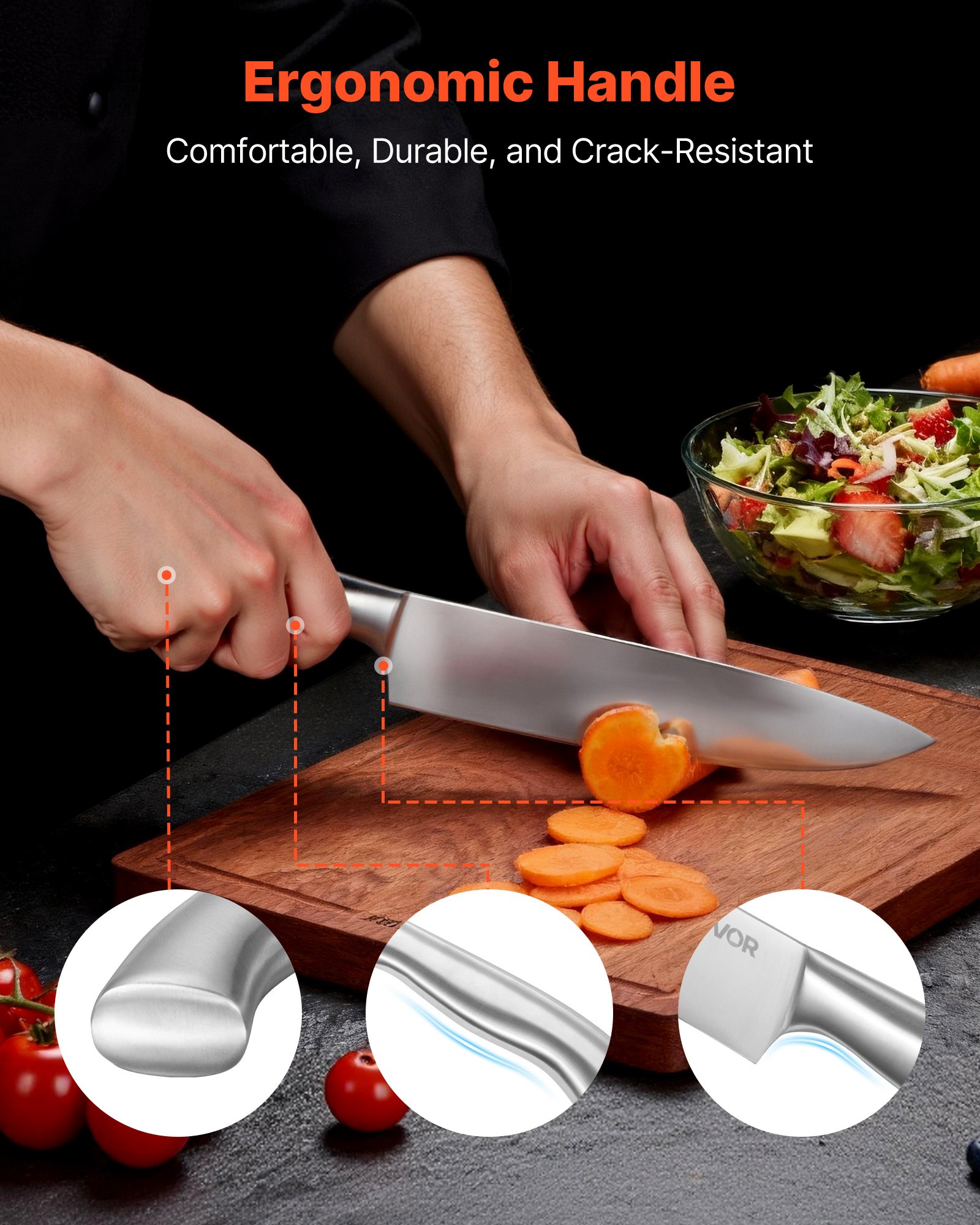 VEVOR Juego de Cuchillos de Cocina, con Bloque de Madera y Afilador, con Cuchillos Afilados de Acero Inoxidable de Alto Carbono, con Mango Ergonómico, 15 Piezas, 123 x 190 x 345 mm, Color Plata