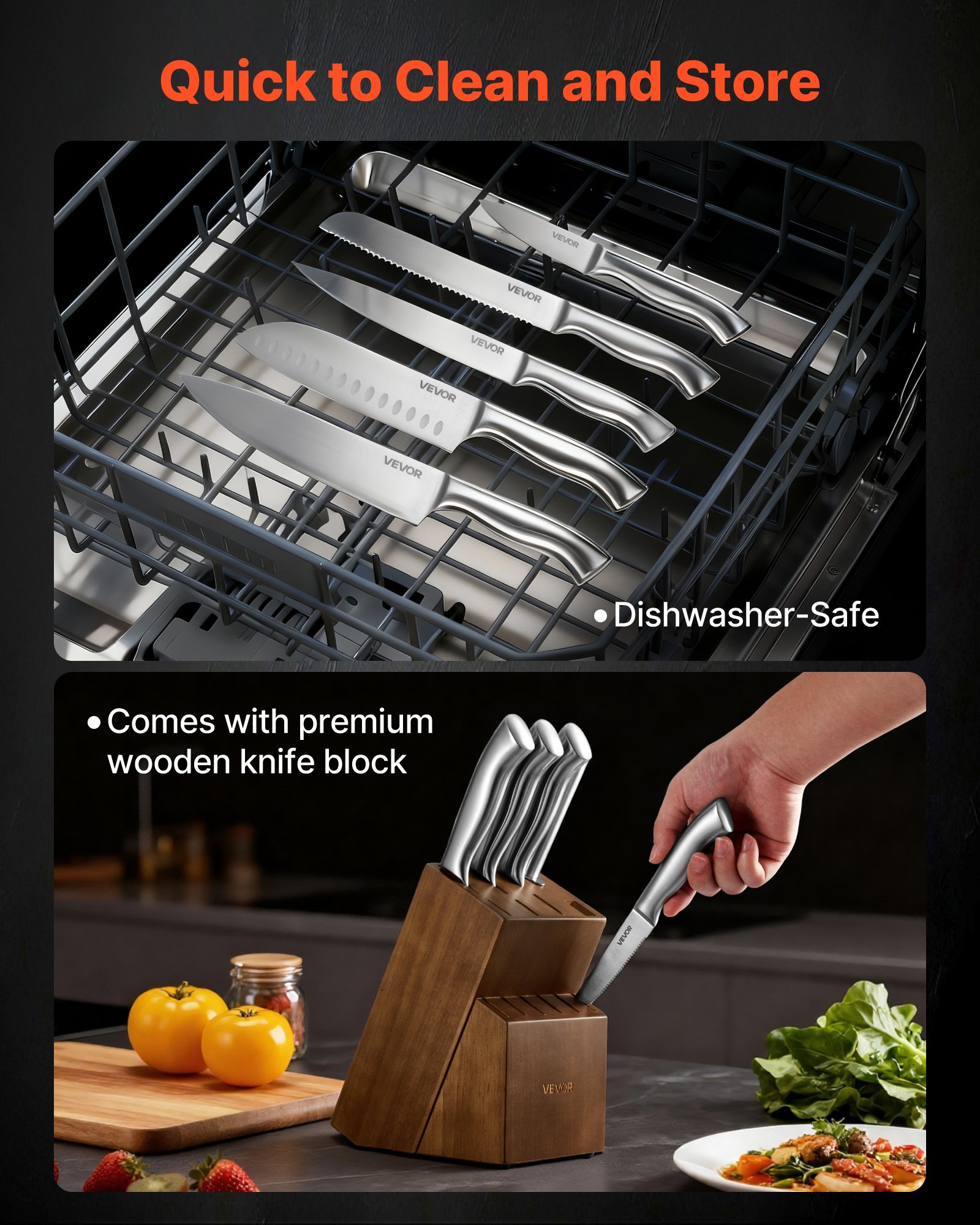 VEVOR Juego de Cuchillos de Cocina, con Bloque de Madera y Afilador, con Cuchillos Afilados de Acero Inoxidable de Alto Carbono, con Mango Ergonómico, 15 Piezas, 123 x 190 x 345 mm, Color Plata