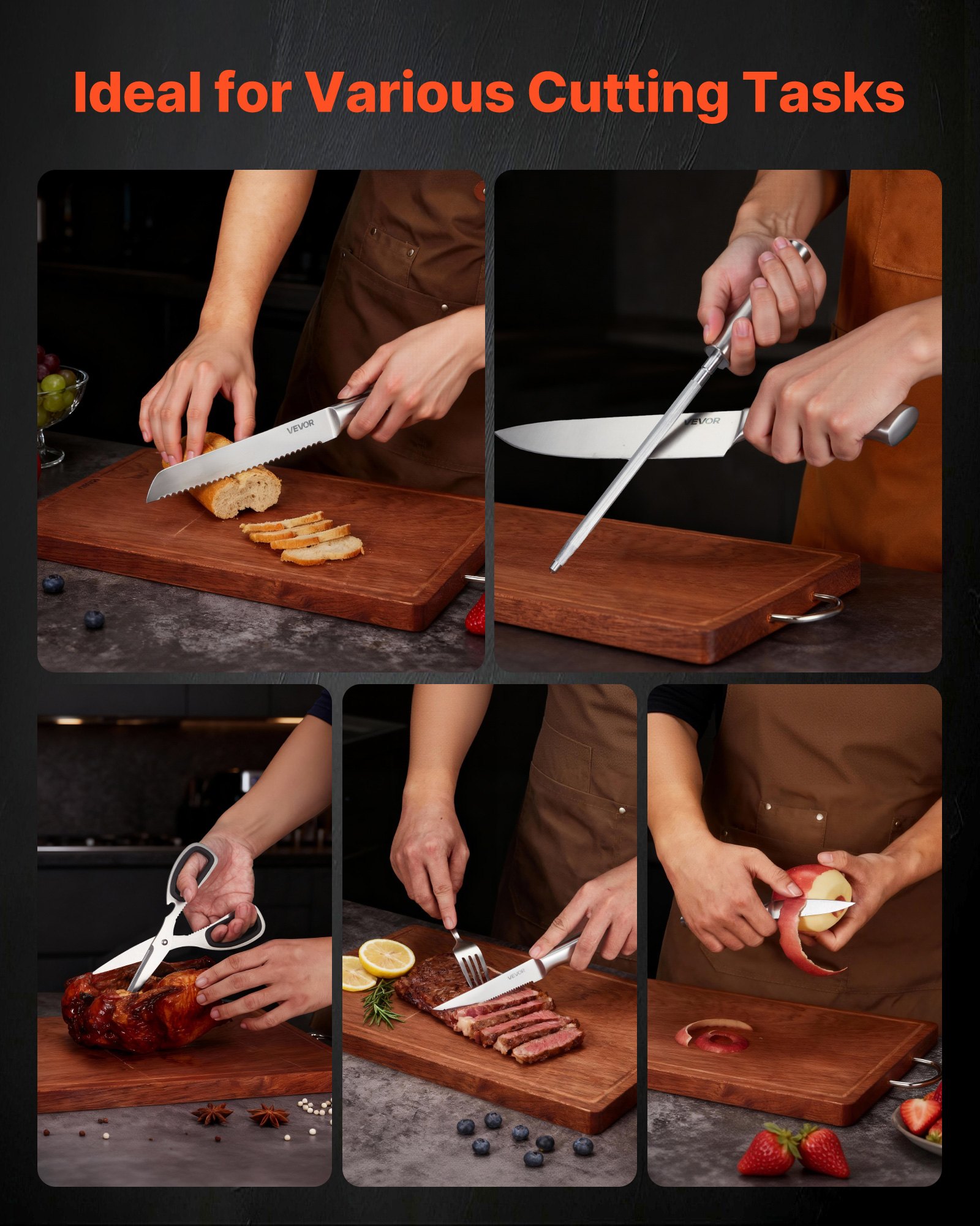 VEVOR Juego de Cuchillos de Cocina, con Bloque de Madera y Afilador, con Cuchillos Afilados de Acero Inoxidable de Alto Carbono, con Mango Ergonómico, 15 Piezas, 123 x 190 x 345 mm, Color Plata