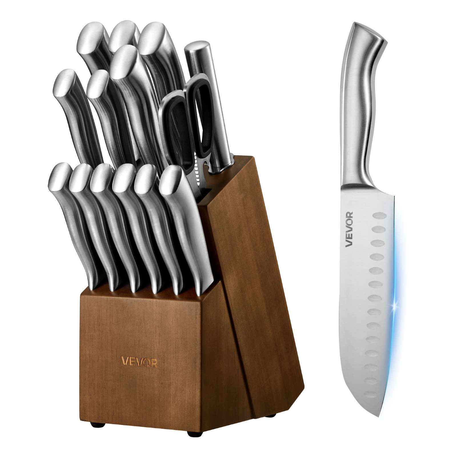 VEVOR Juego de Cuchillos de Cocina, con Bloque de Madera y Afilador, con Cuchillos Afilados de Acero Inoxidable de Alto Carbono, con Mango Ergonómico, 15 Piezas, 123 x 190 x 345 mm, Color Plata