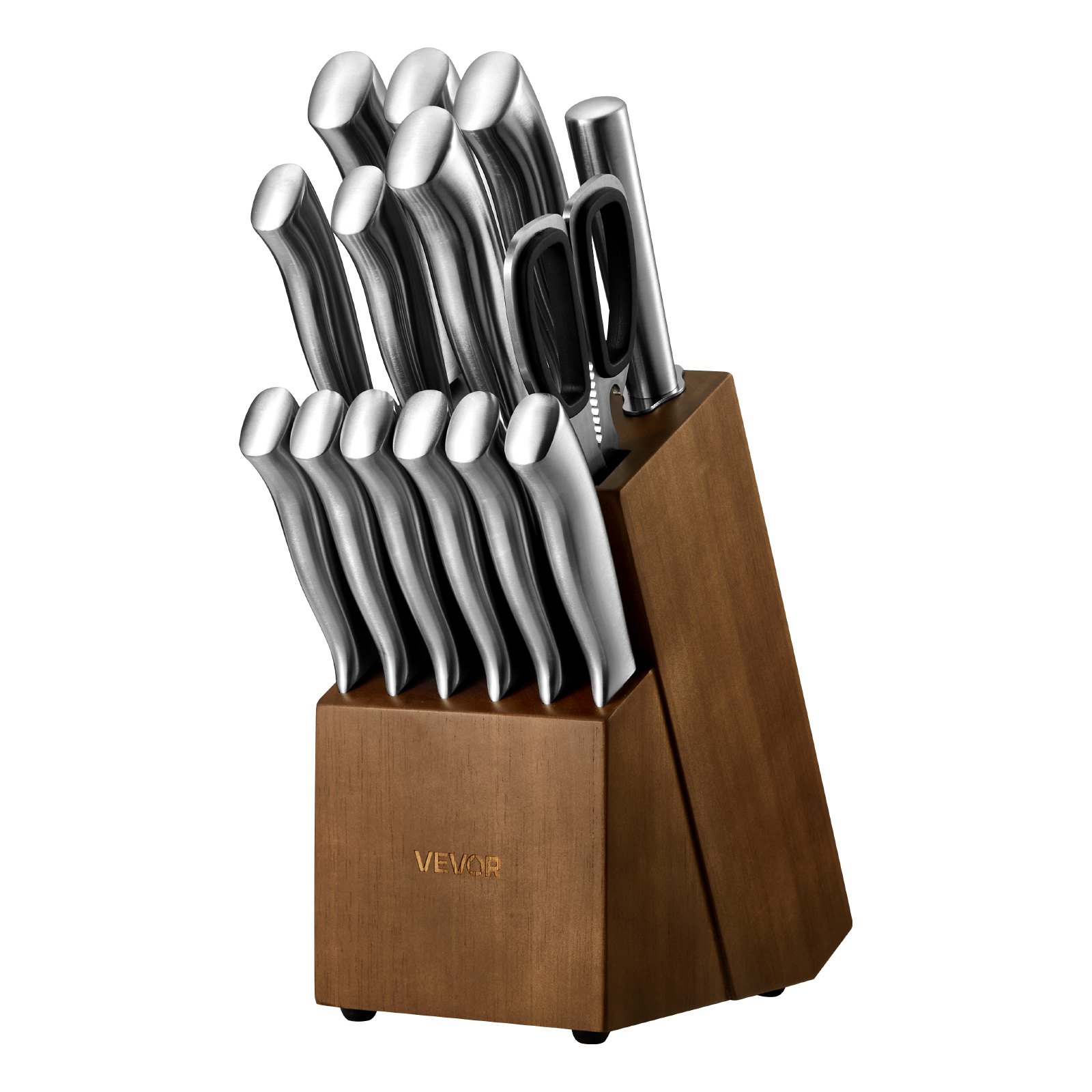 VEVOR Juego de Cuchillos de Cocina, con Bloque de Madera y Afilador, con Cuchillos Afilados de Acero Inoxidable de Alto Carbono, con Mango Ergonómico, 15 Piezas, 123 x 190 x 345 mm, Color Plata