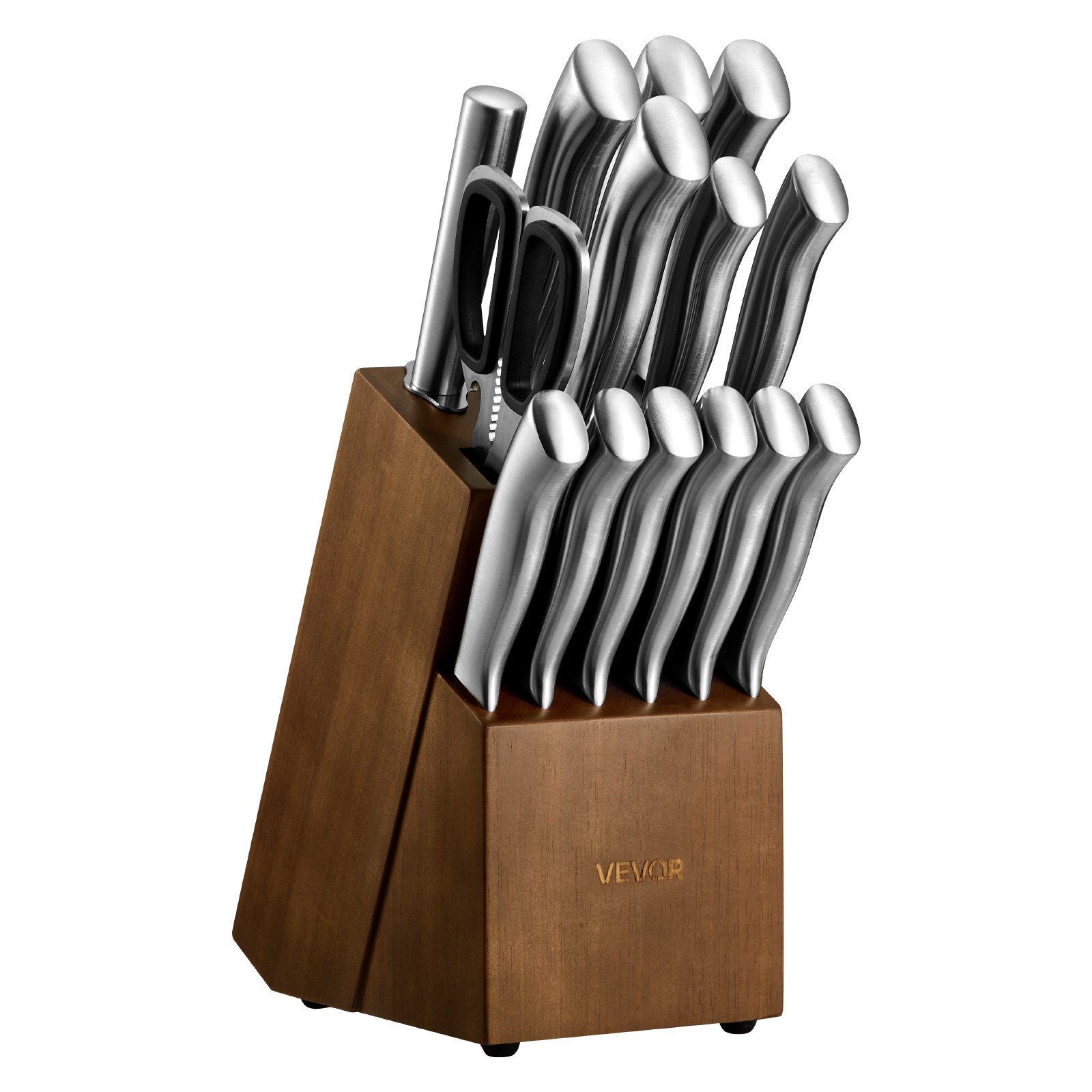 VEVOR Juego de Cuchillos de Cocina, con Bloque de Madera y Afilador, con Cuchillos Afilados de Acero Inoxidable de Alto Carbono, con Mango Ergonómico, 15 Piezas, 123 x 190 x 345 mm, Color Plata