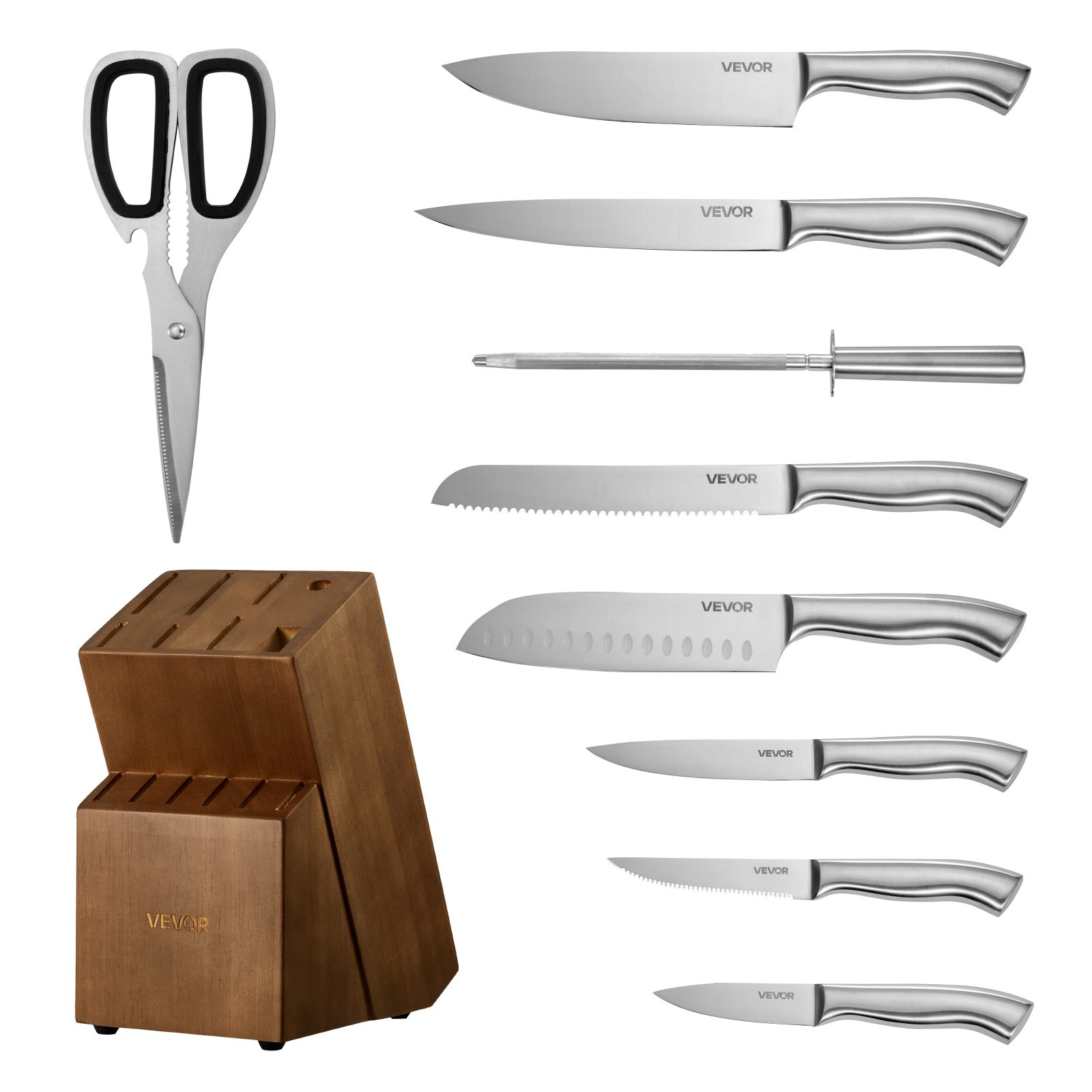 VEVOR Juego de Cuchillos de Cocina, con Bloque de Madera y Afilador, con Cuchillos Afilados de Acero Inoxidable de Alto Carbono, con Mango Ergonómico, 15 Piezas, 123 x 190 x 345 mm, Color Plata