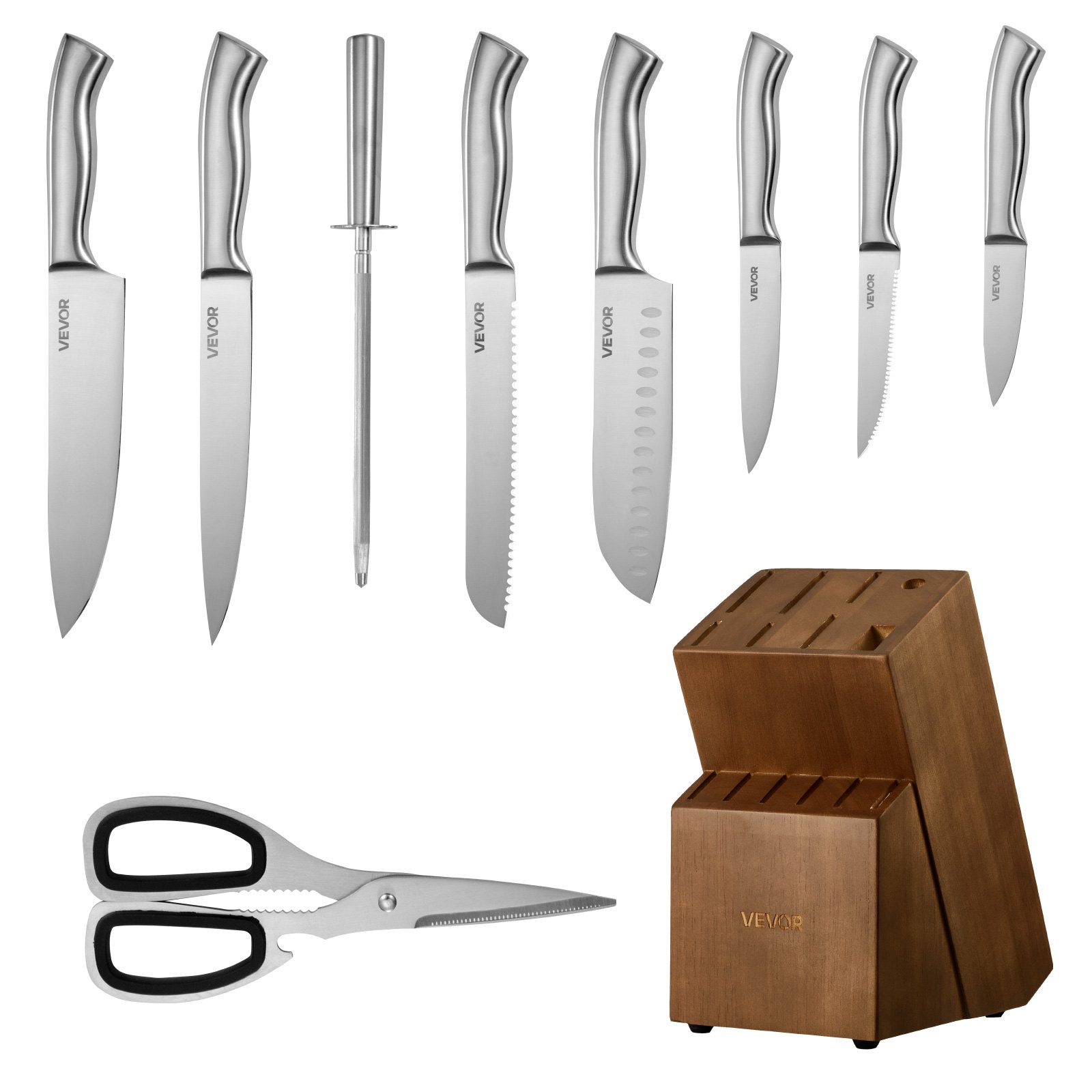 VEVOR Juego de Cuchillos de Cocina, con Bloque de Madera y Afilador, con Cuchillos Afilados de Acero Inoxidable de Alto Carbono, con Mango Ergonómico, 15 Piezas, 123 x 190 x 345 mm, Color Plata