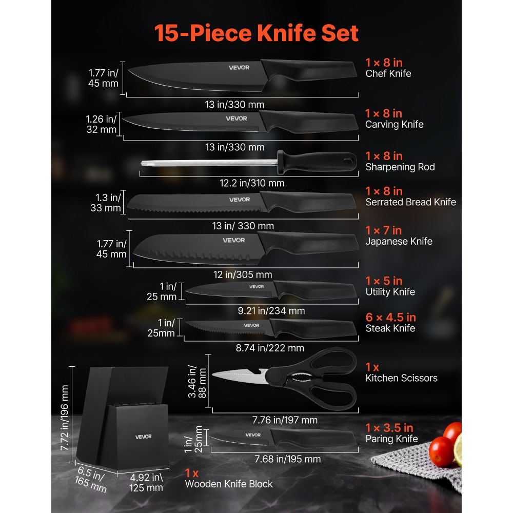 VEVOR Kitchen Knife Set with Block and Sharpener, 15 Piece German High Carbon Stainless Steel Knife Set, Kitchen Cutlery with PP Ergonomic Handle, Sharpening Rod and Wooden Block, for Home Cooks