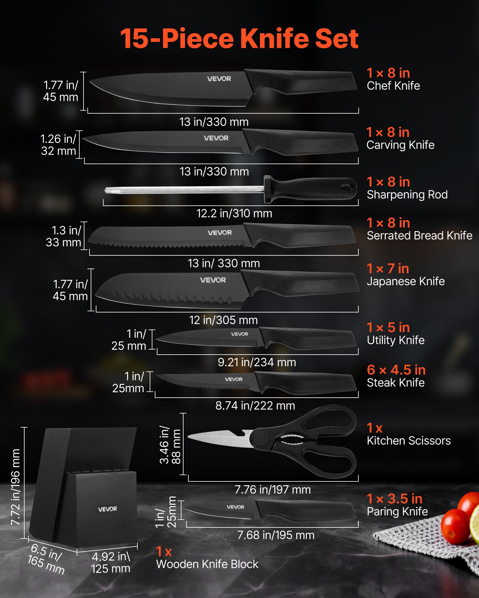 VEVOR Kitchen Knife Set with Block and Sharpener, 15 Piece German High Carbon Stainless Steel Knife Set, Kitchen Cutlery with PP Ergonomic Handle, Sharpening Rod and Wooden Block, for Home Cooks