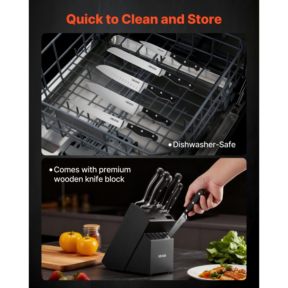VEVOR Juego de Cuchillos de Cocina, con Bloque de Madera y Afilador, con Cuchillos Afilados de Acero Inoxidable de Alto Carbono, con Mango Resistente a Roturas, para Cocineros Aficionados, 15 uds