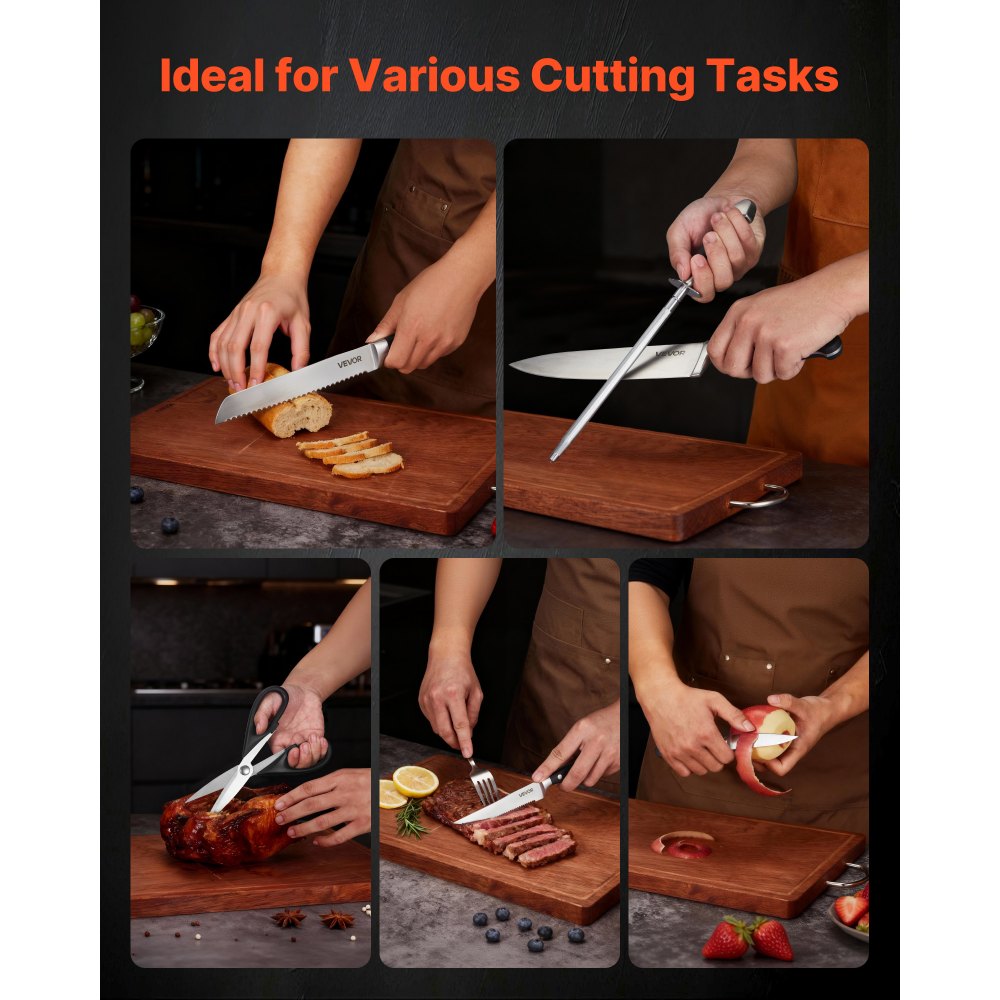 VEVOR Juego de Cuchillos de Cocina, con Bloque de Madera y Afilador, con Cuchillos Afilados de Acero Inoxidable de Alto Carbono, con Mango Resistente a Roturas, para Cocineros Aficionados, 15 uds