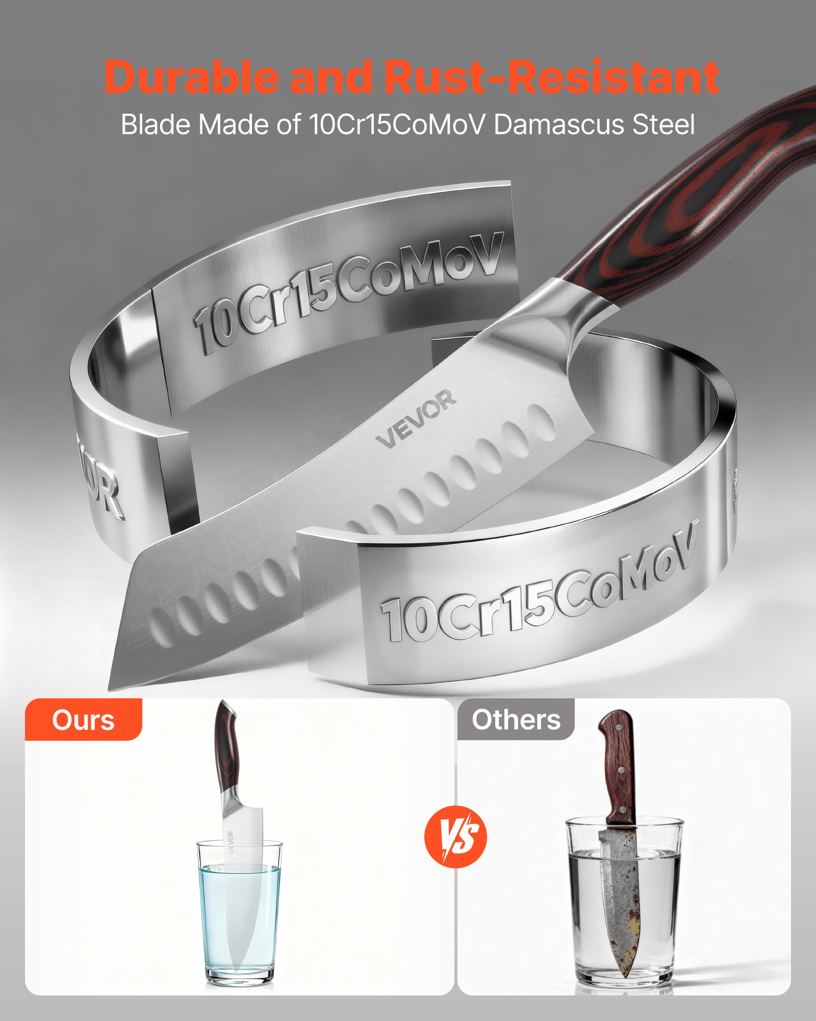 VEVOR Juego de Cuchillos de 6 uds, con Soporte Magnético, Acero Inoxidable de Alto Carbono, Resistente a Roturas, con Aspecto de Nogal, para Cortar, Picar y Pelar sin Esfuerzo, 342 x 52 x 208 mm