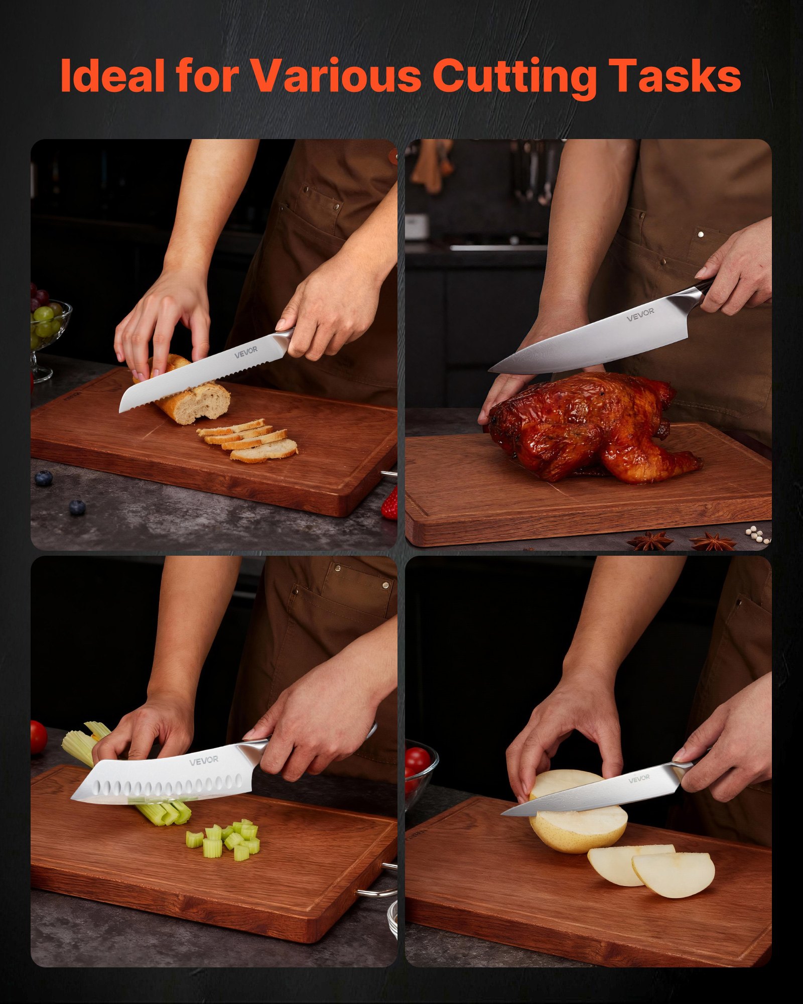 VEVOR Juego de Cuchillos de 6 uds, con Soporte Magnético, Acero Inoxidable de Alto Carbono, Resistente a Roturas, con Aspecto de Nogal, para Cortar, Picar y Pelar sin Esfuerzo, 342 x 52 x 208 mm