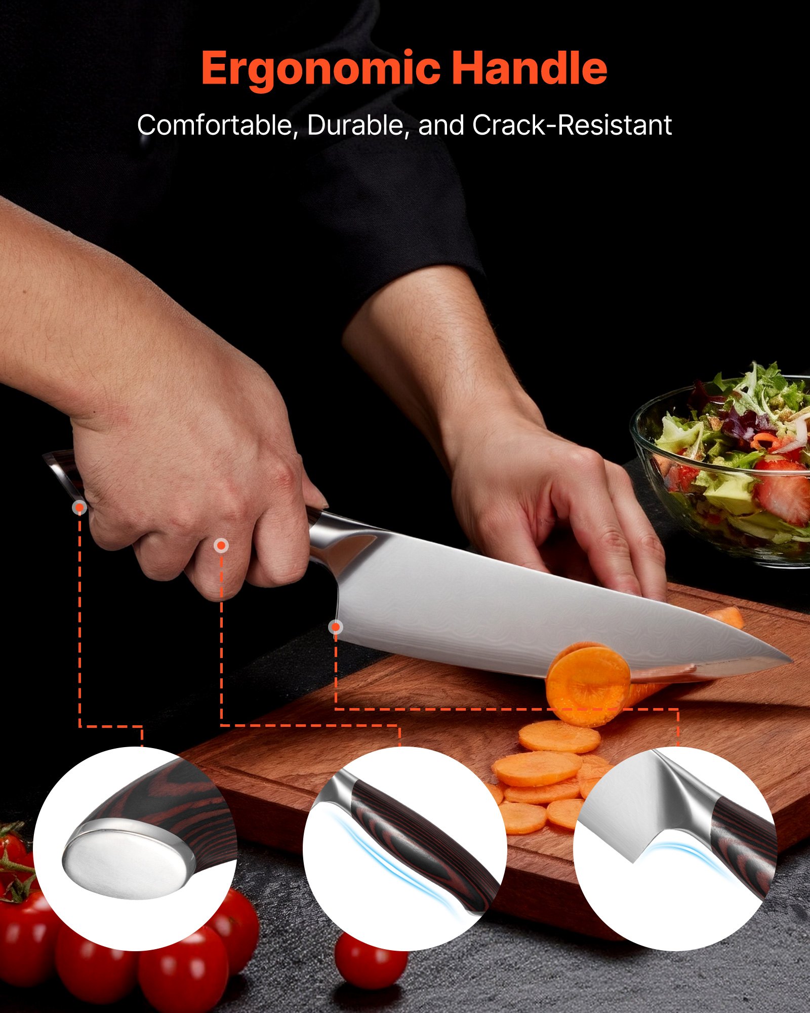 VEVOR Juego de Cuchillos de 6 uds, con Soporte Magnético, Acero Inoxidable de Alto Carbono, Resistente a Roturas, con Aspecto de Nogal, para Cortar, Picar y Pelar sin Esfuerzo, 342 x 52 x 208 mm