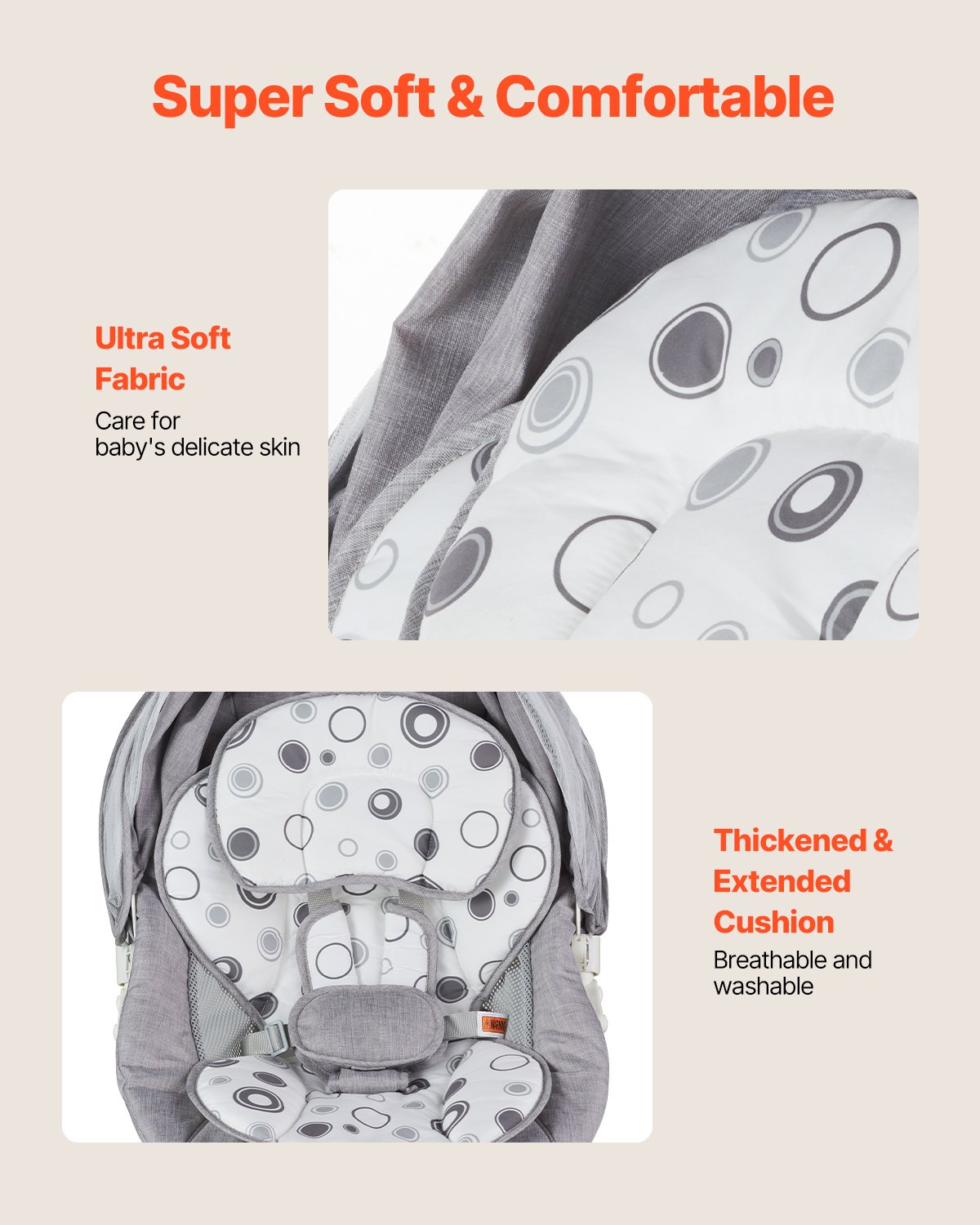 VEVOR Balancín para Bebés con 3 Velocidades y 3 Posiciones de Asiento, Panel Táctil IMD, Control Remoto, Bluetooth y 10 Canciones de Cuna Preestablecidas, Niños de 0 a 9 Meses, 730 x 540 x 400-630 mm