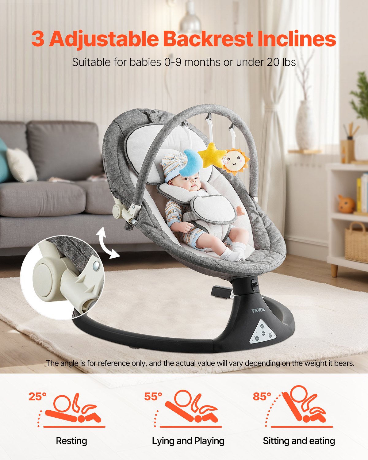 VEVOR Columpio para Bebé de 5 Velocidades con 3 Posiciones Asiento, con Panel Táctil de PVC, Control Remoto, Bluetooth, 10 Canciones Cuna y Barra de Juguetes para 0 a 9 Meses, 720 x 630 x 470-690 mm