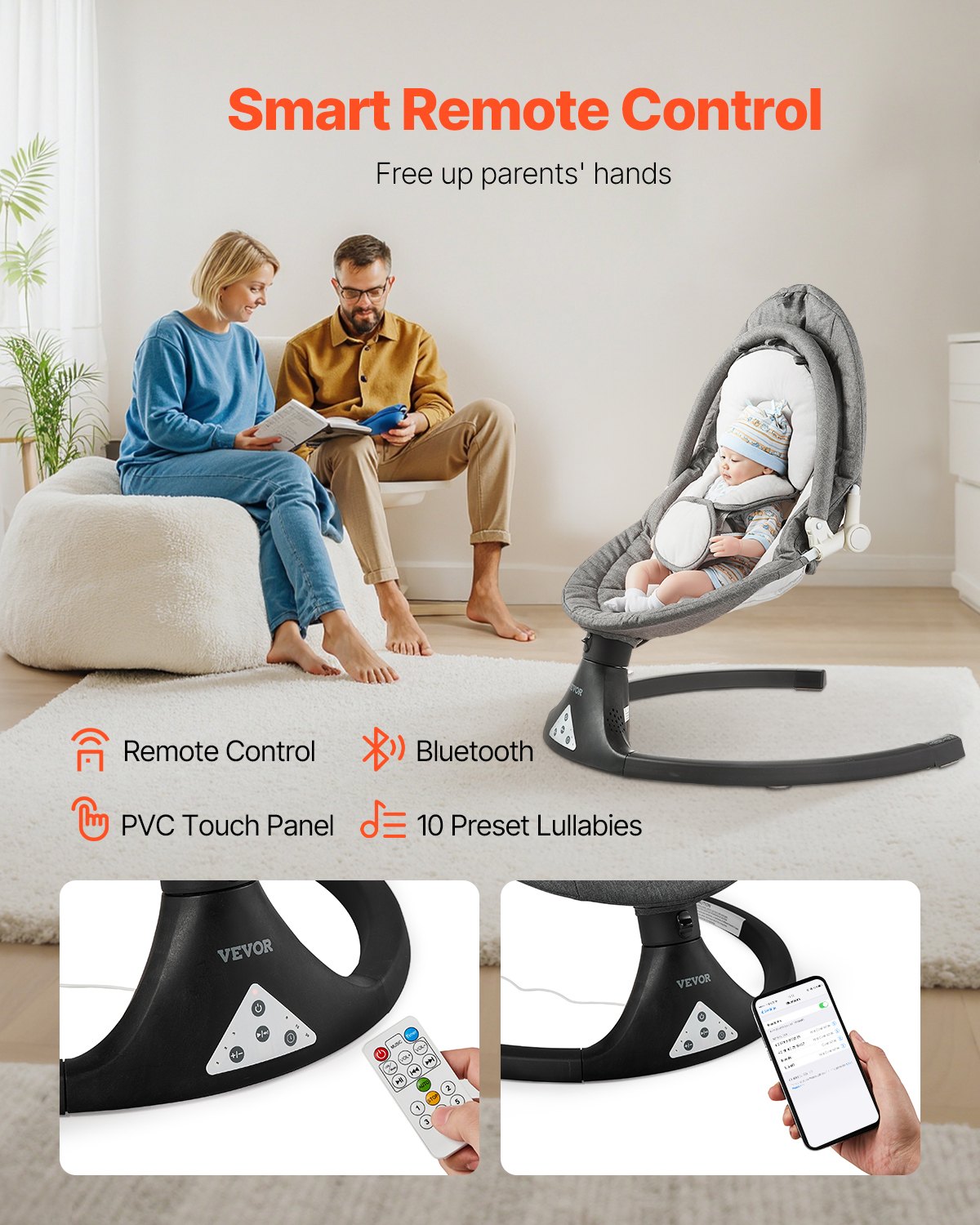 VEVOR Columpio para Bebé de 5 Velocidades con 3 Posiciones Asiento, con Panel Táctil de PVC, Control Remoto, Bluetooth, 10 Canciones Cuna y Barra de Juguetes para 0 a 9 Meses, 720 x 630 x 470-690 mm