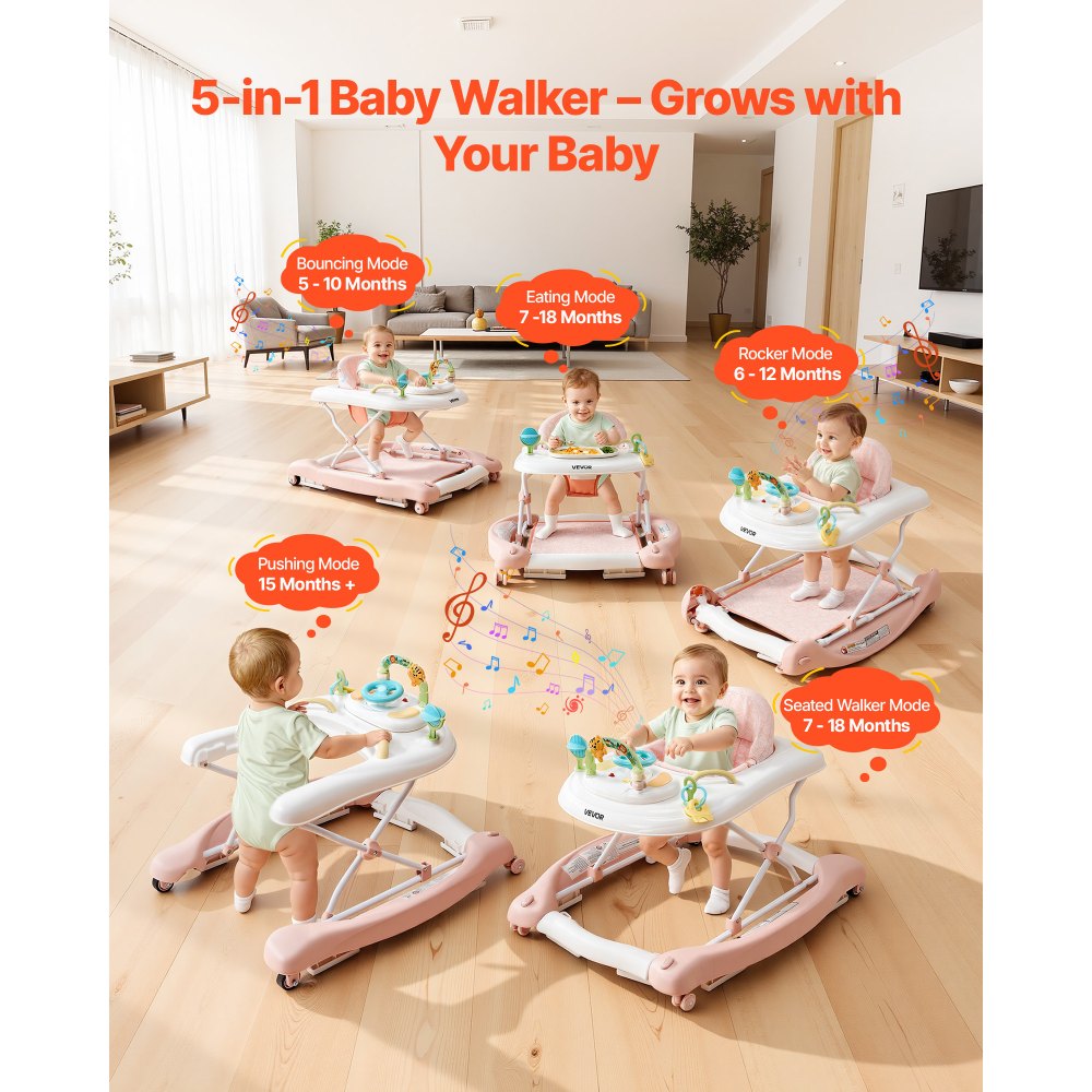 VEVOR 5-in-1 Baby Walker, Folding Baby Activity Center on Wheels, Height Adjustable Rocker Bouncer Walker with Comfortable High-Back Seat, Anti-Rollover Toddler Walking Helper for 6-24 Month Boy Girls