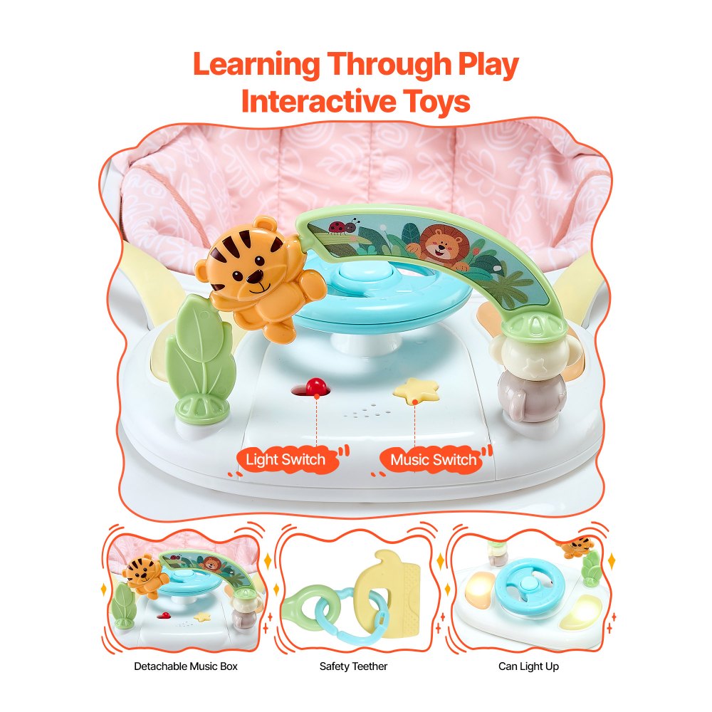 VEVOR 5-in-1 Baby Walker, Folding Baby Activity Center on Wheels, Height Adjustable Rocker Bouncer Walker with Comfortable High-Back Seat, Anti-Rollover Toddler Walking Helper for 6-24 Month Boy Girls