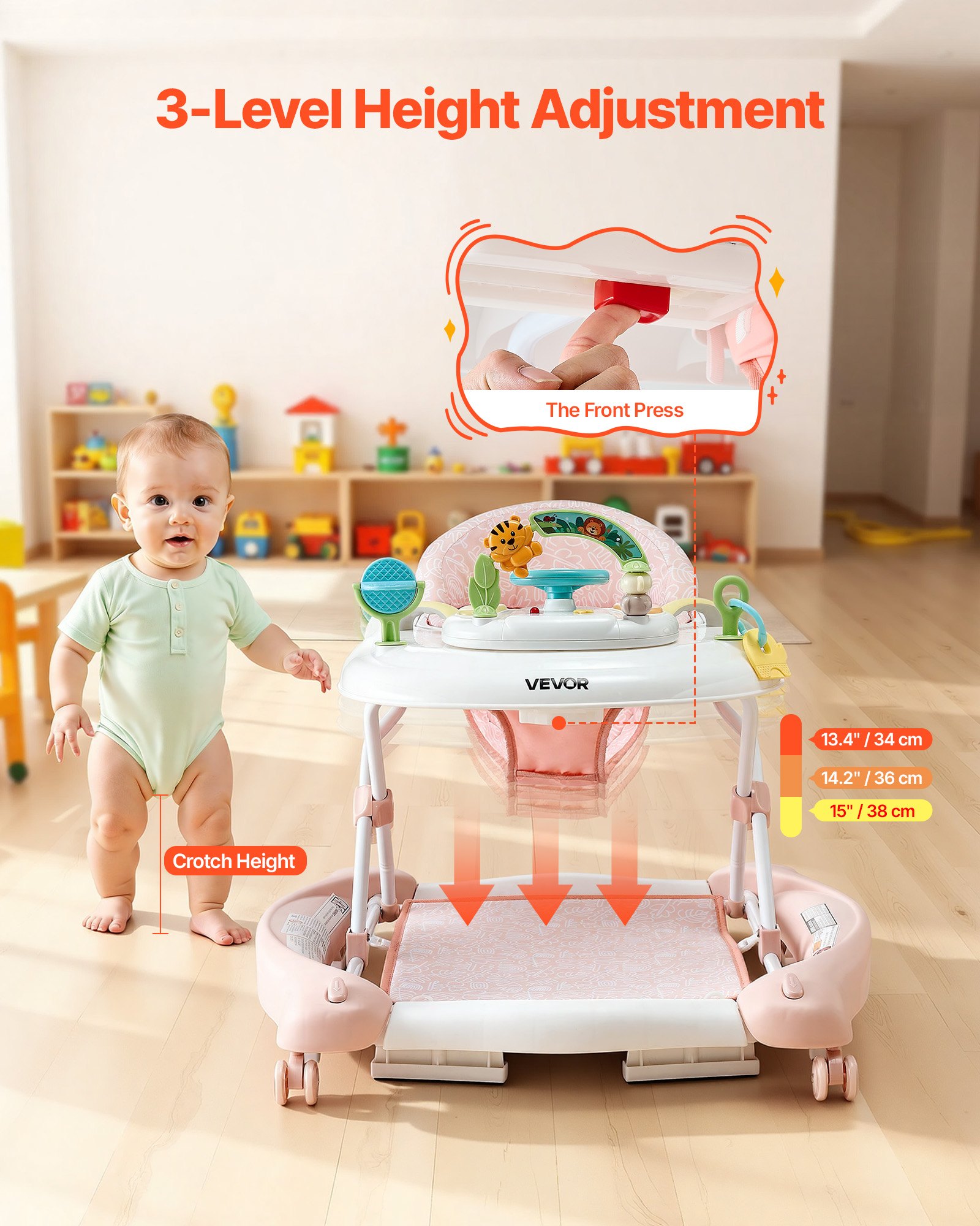 VEVOR 5-in-1 Baby Walker, Folding Baby Activity Center on Wheels, Height Adjustable Rocker Bouncer Walker with Comfortable High-Back Seat, Anti-Rollover Toddler Walking Helper for 6-24 Month Boy Girls