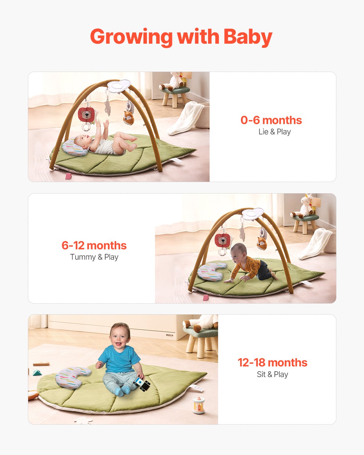 VEVOR Play Mat, Activity Mat with 6 Sensory Toys, Leaf-Shaped Tummy Time Mat for Newborns Aged 0-18 Months, Gift for Motor Skills & Early Cognitive Development
