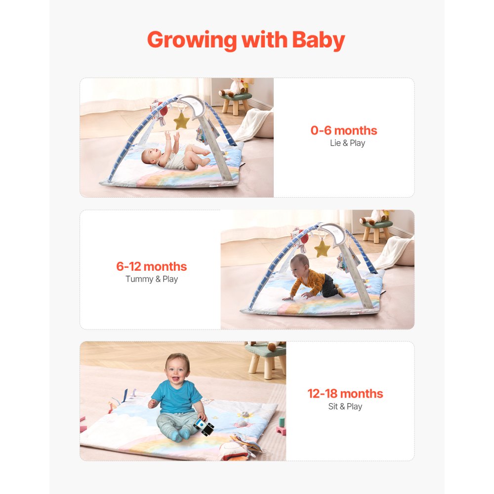 VEVOR Play Mat 89x89x48cm, Activity Mat with 6 Sensory Toys, Light-Up Musical Rocket Toy, for Children Aged 0-18 Months, for the Development of Sensory & Motor Skills