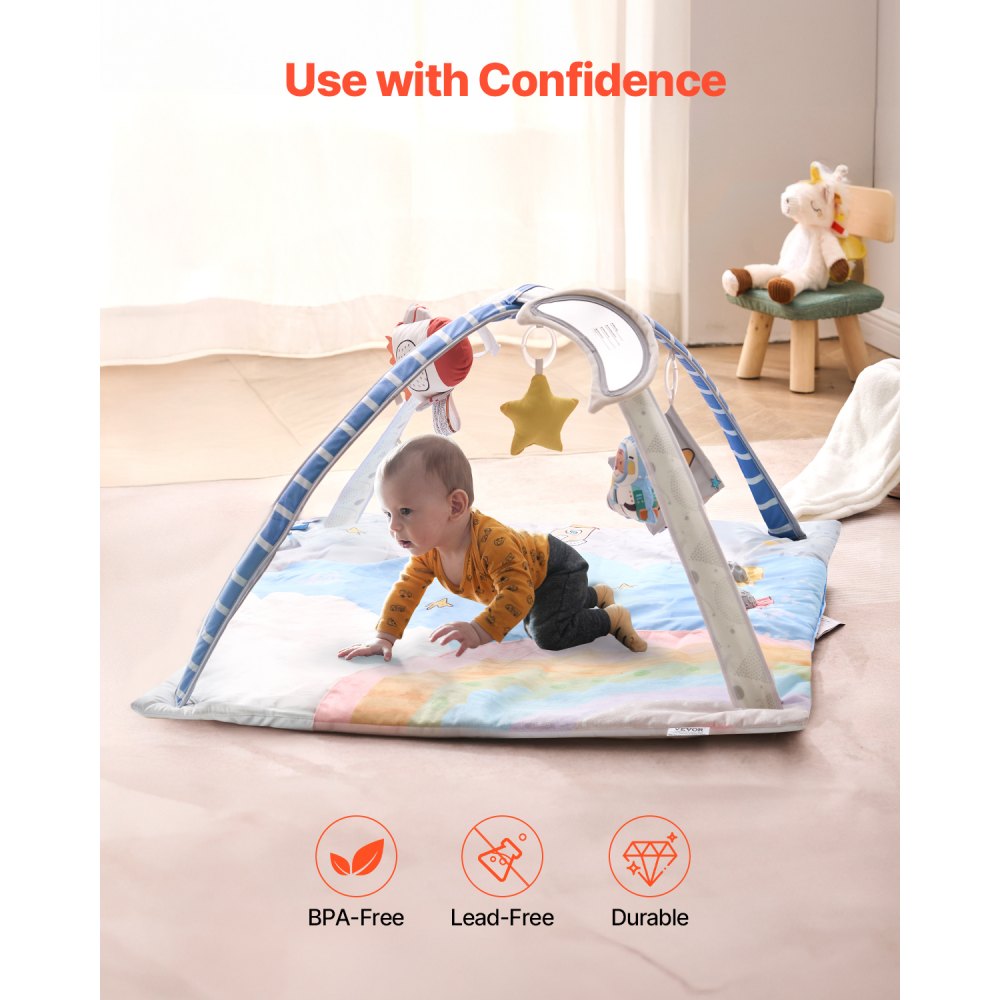 VEVOR Play Mat 89x89x48cm, Activity Mat with 6 Sensory Toys, Light-Up Musical Rocket Toy, for Children Aged 0-18 Months, for the Development of Sensory & Motor Skills