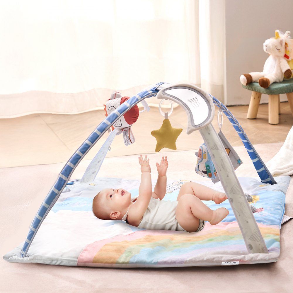VEVOR Play Mat 89x89x48cm, Activity Mat with 6 Sensory Toys, Light-Up Musical Rocket Toy, for Children Aged 0-18 Months, for the Development of Sensory & Motor Skills