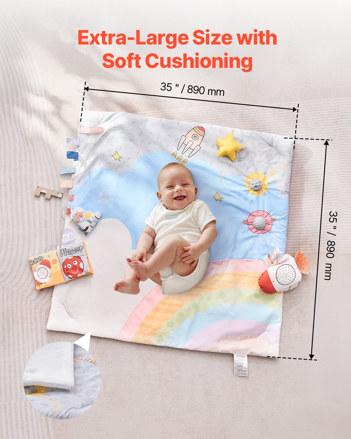 VEVOR Play Mat 89x89x48cm, Activity Mat with 6 Sensory Toys, Light-Up Musical Rocket Toy, for Children Aged 0-18 Months, for the Development of Sensory & Motor Skills