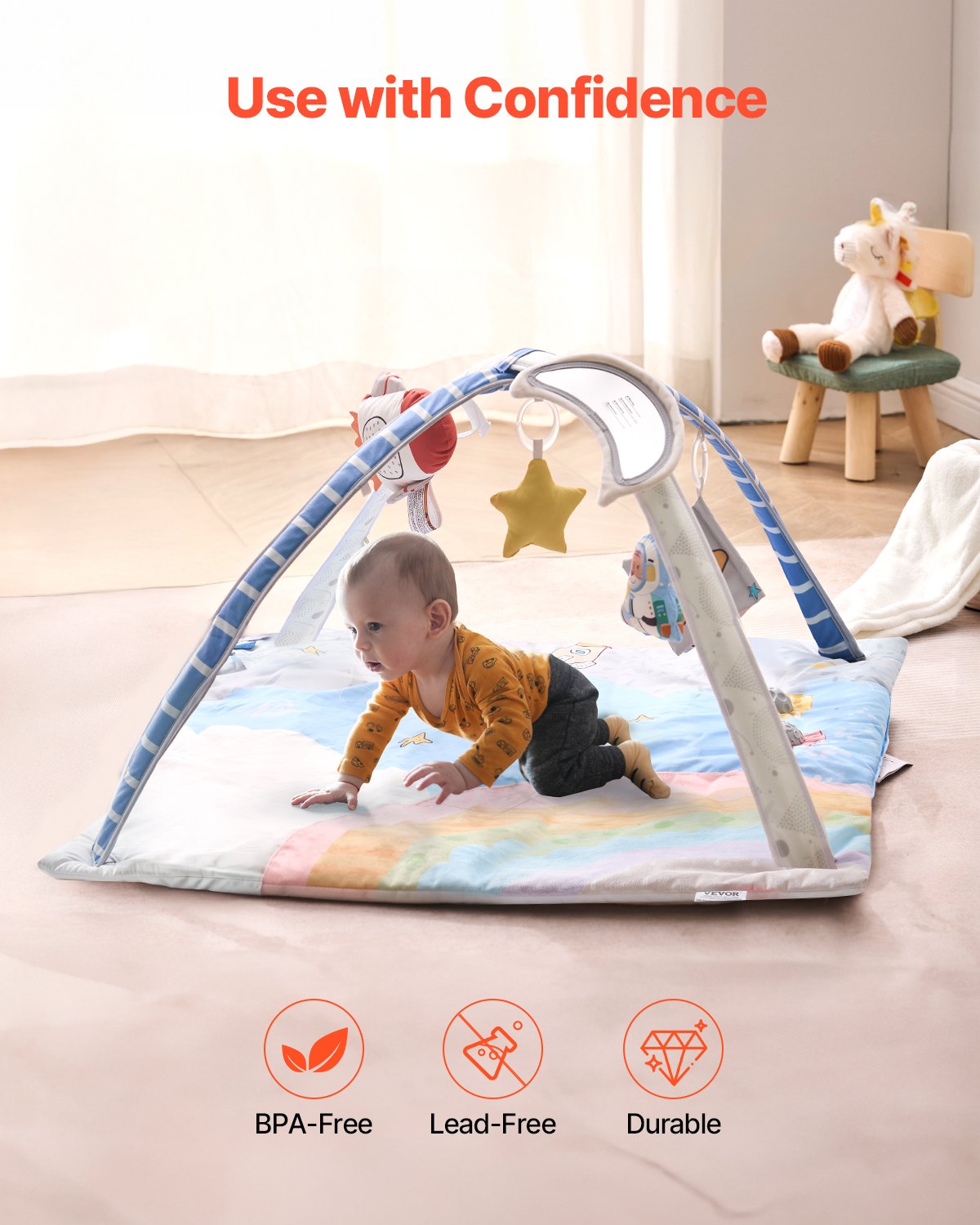 VEVOR Play Mat 89x89x48cm, Activity Mat with 6 Sensory Toys, Light-Up Musical Rocket Toy, for Children Aged 0-18 Months, for the Development of Sensory & Motor Skills