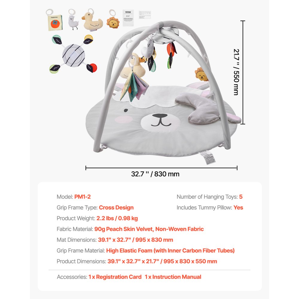 VEVOR Alfombra de Juegos para Bebés 0 a 18 Meses, para Tiempo Boca Abajo con 5 Juguetes Sensoriales, Regalo Esencial para el Desarrollo de Habilidades Sensoriales y Motoras, 995 x 830 x 550 mm