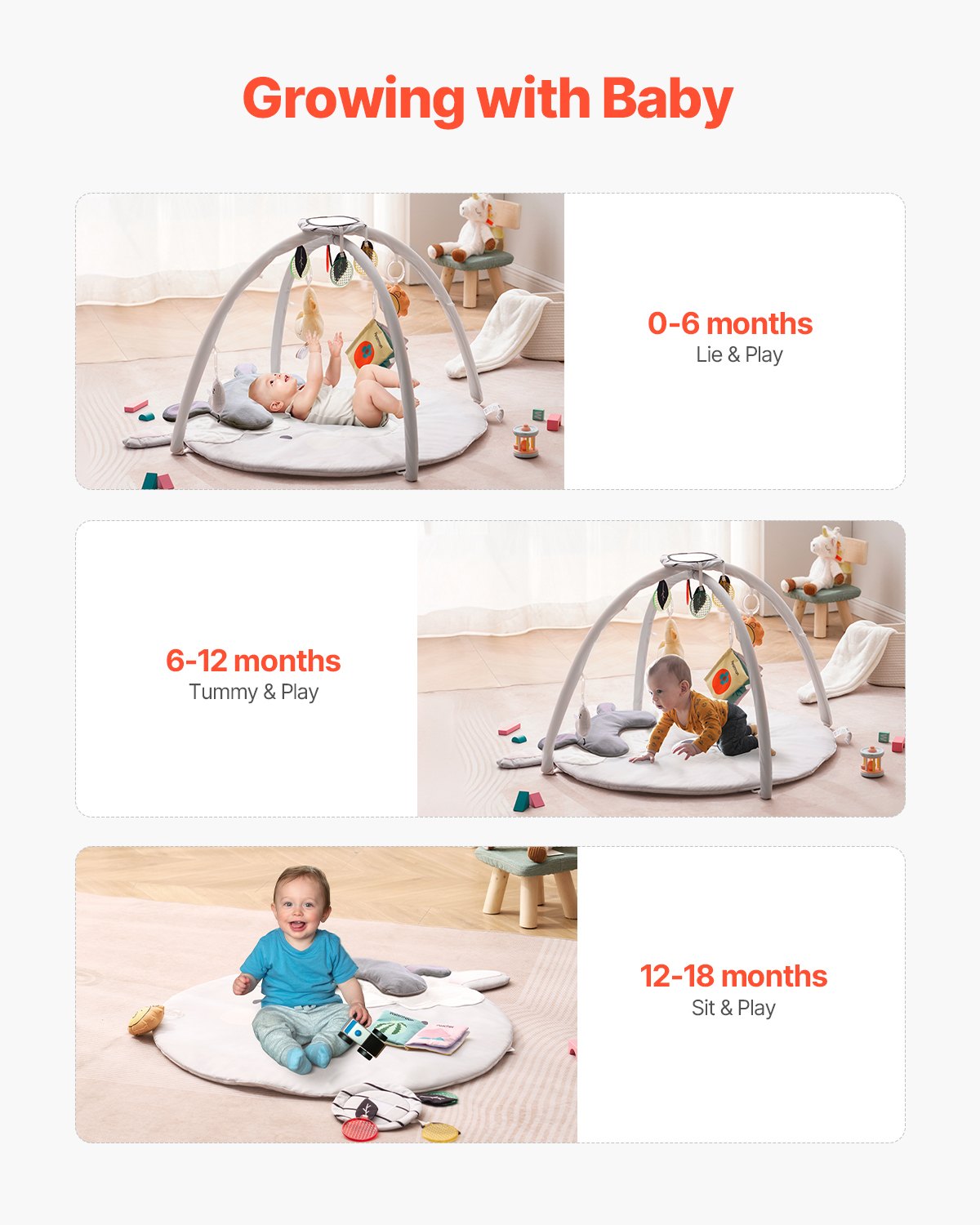 VEVOR Alfombra de Juegos para Bebés 0 a 18 Meses, para Tiempo Boca Abajo con 5 Juguetes Sensoriales, Regalo Esencial para el Desarrollo de Habilidades Sensoriales y Motoras, 995 x 830 x 550 mm