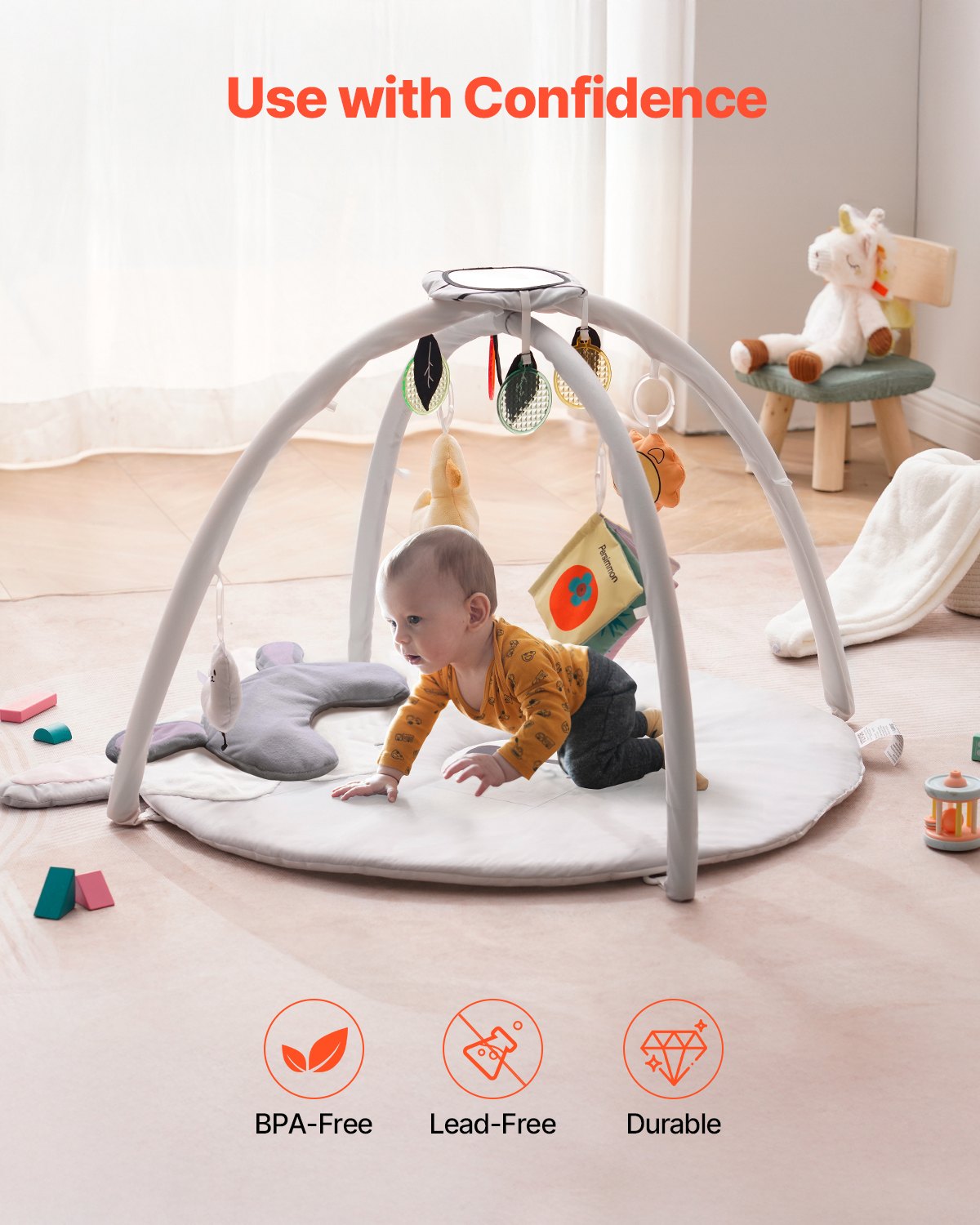 VEVOR Alfombra de Juegos para Bebés 0 a 18 Meses, para Tiempo Boca Abajo con 5 Juguetes Sensoriales, Regalo Esencial para el Desarrollo de Habilidades Sensoriales y Motoras, 995 x 830 x 550 mm