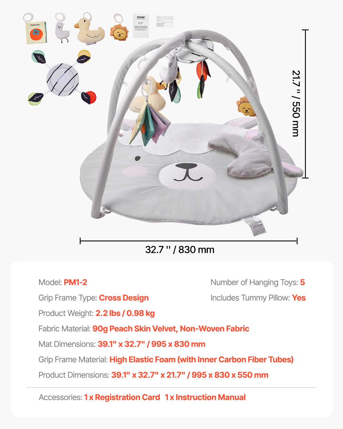 VEVOR Alfombra de Juegos para Bebés 0 a 18 Meses, para Tiempo Boca Abajo con 5 Juguetes Sensoriales, Regalo Esencial para el Desarrollo de Habilidades Sensoriales y Motoras, 995 x 830 x 550 mm