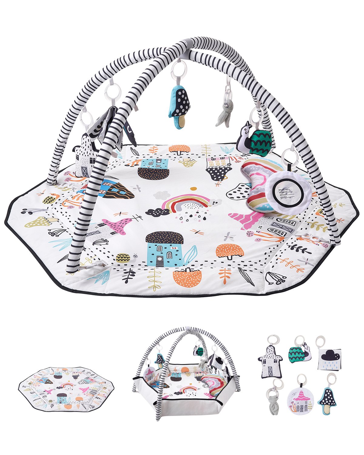 VEVOR Colchoneta de Juegos para Bebés, para Tiempo Boca Abajo con 6 Juguetes Sensoriales Desmontables, con Tela Suave para el Desarrollo de Habilidades Sensoriales y Motoras, 1060 x 1060 x 555 mm