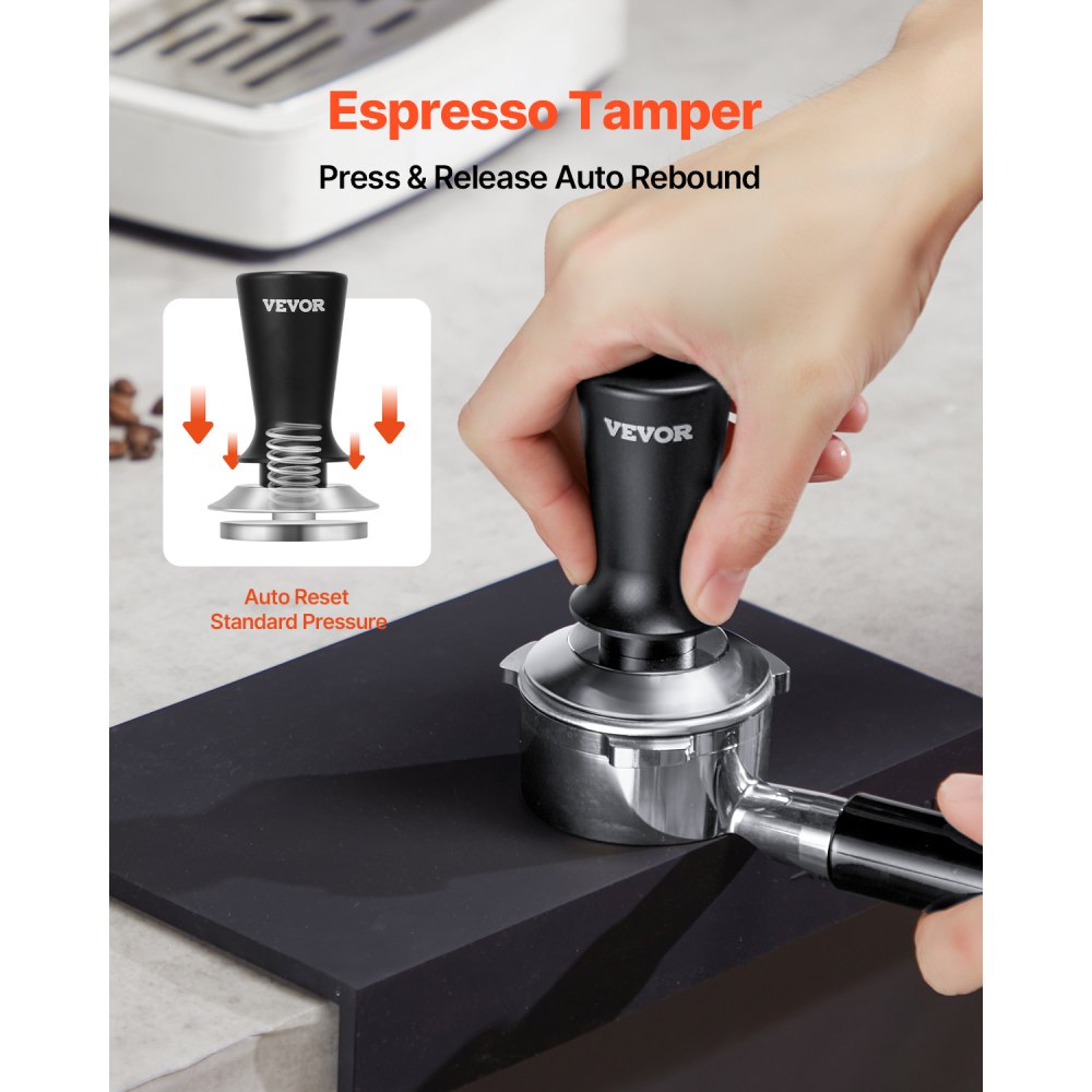 VEVOR Tamper de Café Expreso 58 mm con Resorte, Herramienta de Manipulación para Máquina de Café de Acero Inoxidable con Mango Antideslizante, Negro, Base Sólida Robusta y Apta para Alimentos
