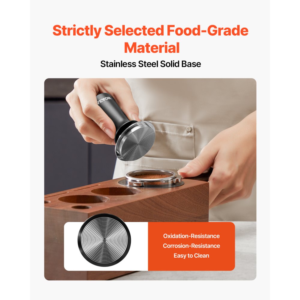 VEVOR Tamper de Café Expreso 58 mm con Resorte, Herramienta de Manipulación para Máquina de Café de Acero Inoxidable con Mango Antideslizante, Negro, Base Sólida Robusta y Apta para Alimentos