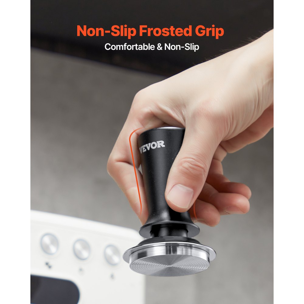 VEVOR Tamper de Café Expreso 58 mm con Resorte, Herramienta de Manipulación para Máquina de Café de Acero Inoxidable con Mango Antideslizante, Negro, Base Sólida Robusta y Apta para Alimentos