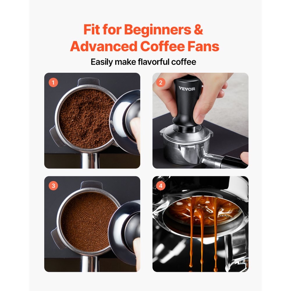 VEVOR Tamper de Café Expreso 58 mm con Resorte, Herramienta de Manipulación para Máquina de Café de Acero Inoxidable con Mango Antideslizante, Negro, Base Sólida Robusta y Apta para Alimentos