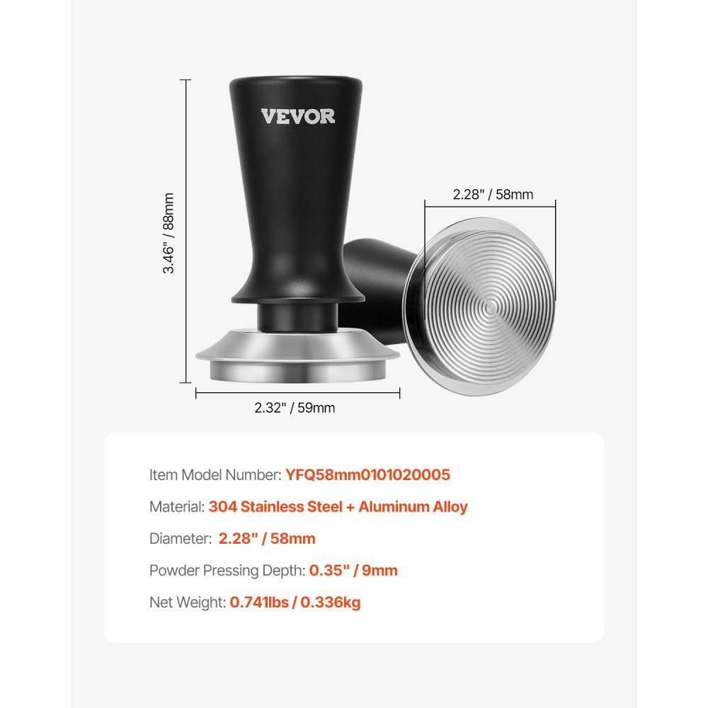 VEVOR Tamper de Café Expreso 58 mm con Resorte, Herramienta de Manipulación para Máquina de Café de Acero Inoxidable con Mango Antideslizante, Negro, Base Sólida Robusta y Apta para Alimentos
