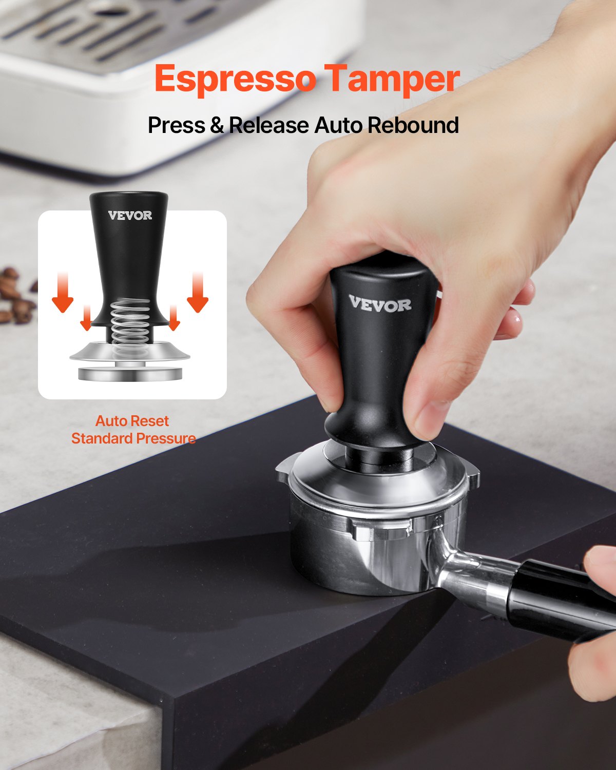 VEVOR Tamper de Café Expreso 58 mm con Resorte, Herramienta de Manipulación para Máquina de Café de Acero Inoxidable con Mango Antideslizante, Negro, Base Sólida Robusta y Apta para Alimentos