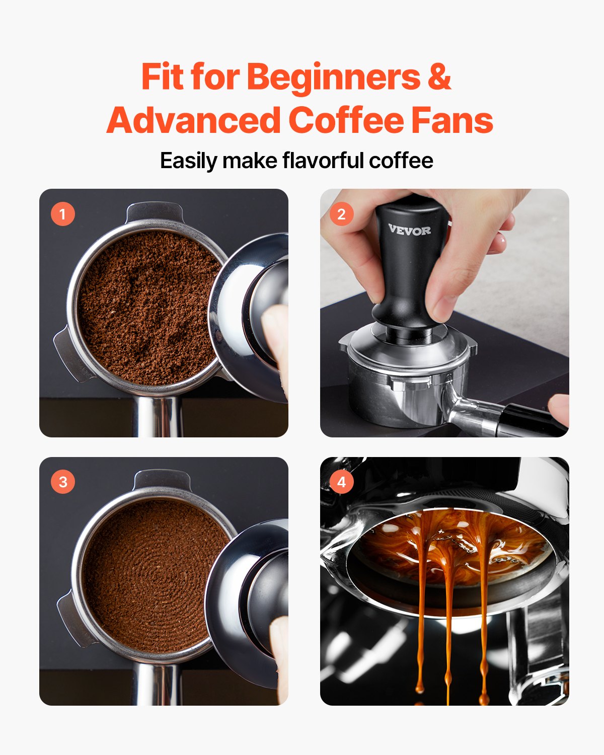VEVOR Tamper de Café Expreso 58 mm con Resorte, Herramienta de Manipulación para Máquina de Café de Acero Inoxidable con Mango Antideslizante, Negro, Base Sólida Robusta y Apta para Alimentos