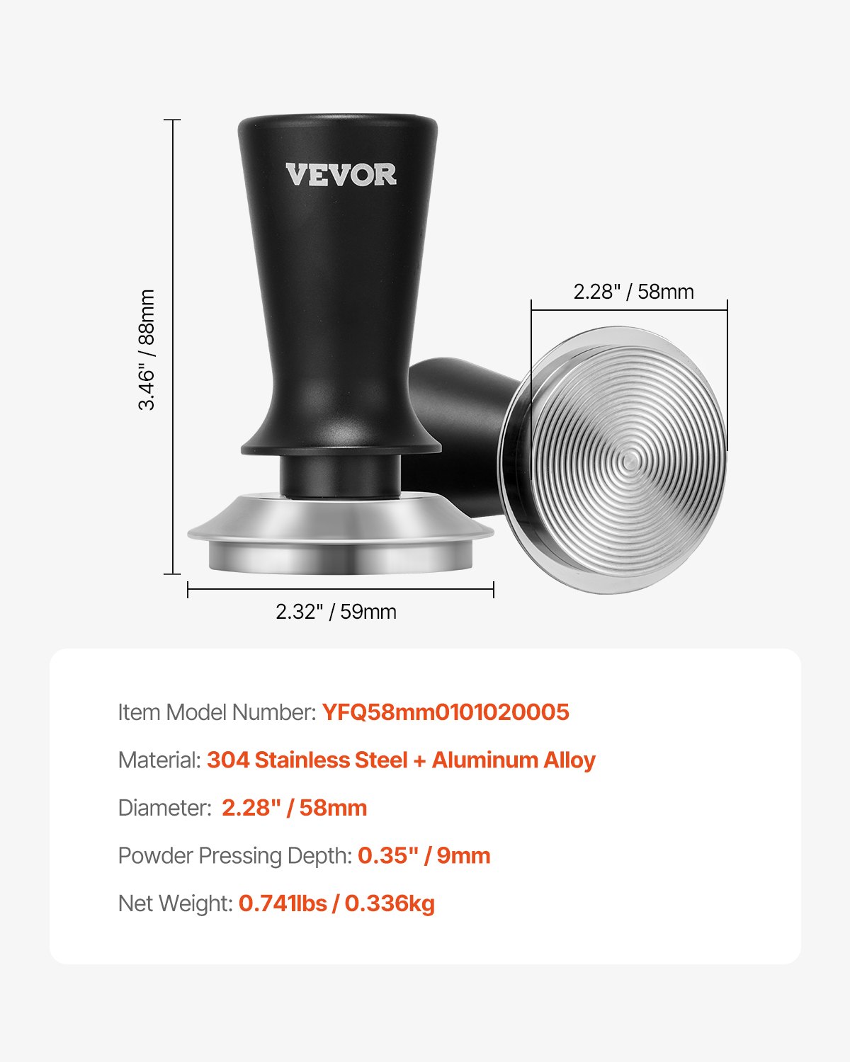 VEVOR Tamper de Café Expreso 58 mm con Resorte, Herramienta de Manipulación para Máquina de Café de Acero Inoxidable con Mango Antideslizante, Negro, Base Sólida Robusta y Apta para Alimentos