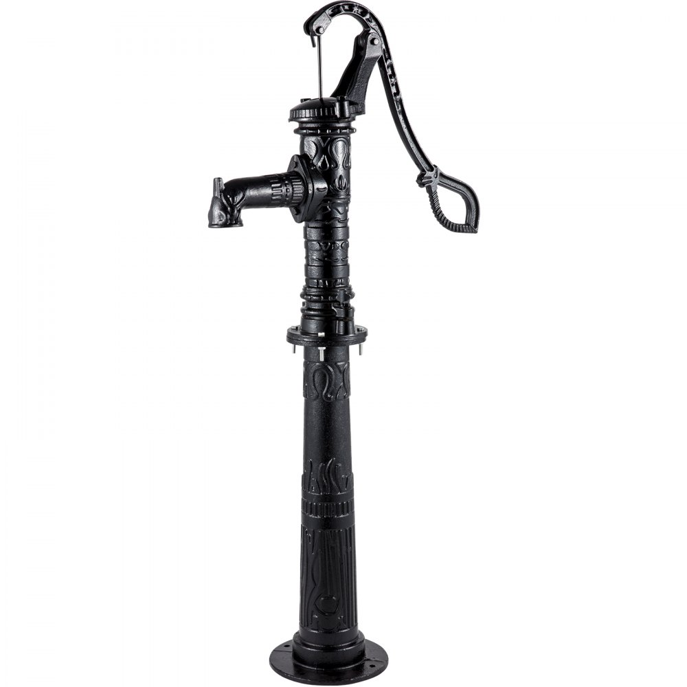 Bomba de agua manual VEVOR adornada en negro con decoraciones detalladas y mango curvo.