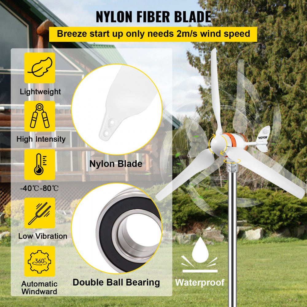 VEVOR Turbina de Viento Generador de Viento Generador de Turbina Eólica 12V 400W Aerogenerador Horizontal 3 Cuchillas 13m/s Kit de Turbina Eólica