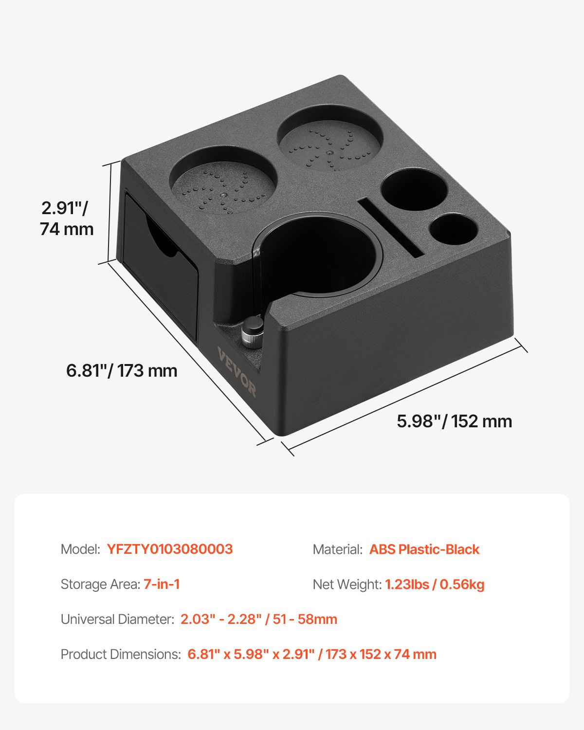 VEVOR Espresso Tamping Station made of ABS, 7 in 1 Multifunctional Tamping Station with Removable Slot, Espresso Knock Box with Non-Slip Base, Fits 51-58 mm Handles, Black