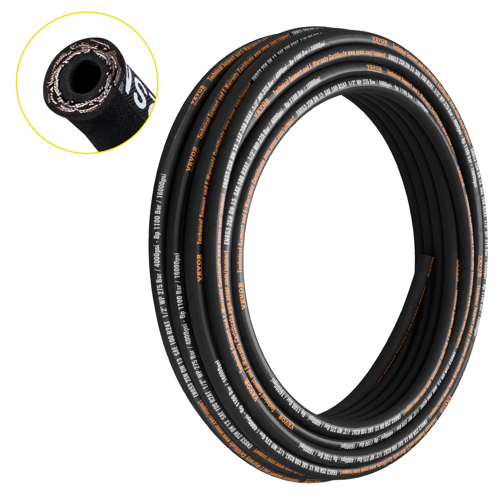 VEVOR Manguera Hidráulica 1/2" x 100 pies manguera de combustible 4000 PSI manguera de combustible de caucho resistente con 2 trenzas de alambre de acero -20~140°C transferencia de aceite hidráulico