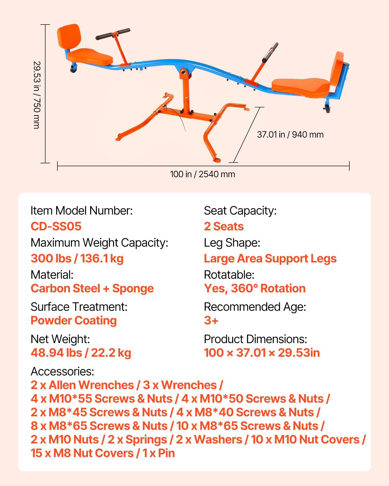 VEVOR Kids Seesaw, 136 kg Load Capacity, Sit and Spin Teeter Totter with Easy-Grip Handles, Kids Outdoor Playground Equipment, Outside Toys, Swiveling 360 Degrees Rotating for Children Aged 3+