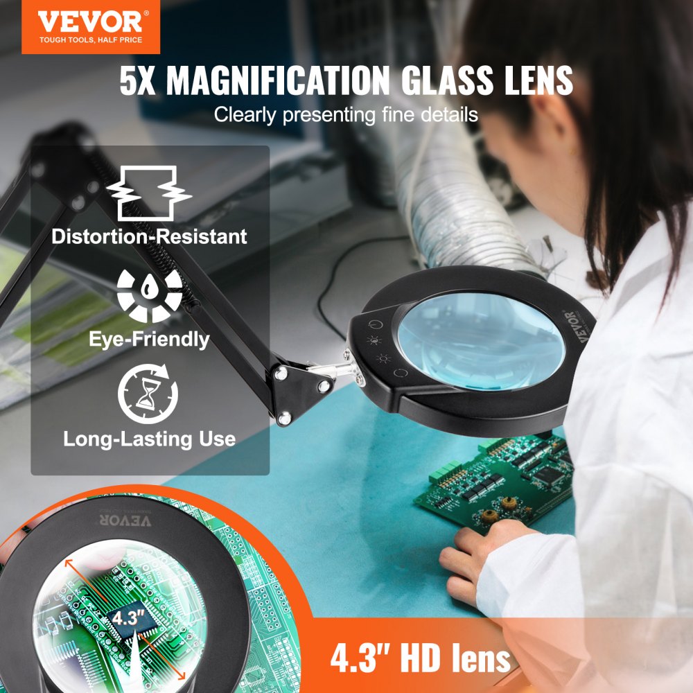 VEVOR 3 en 1 Lámpara de Aumento Fluorescente 5x de Pie, Lupa de Pie con Luz de 5 Modos de Color Lupa de Pie Ajustable en Altura con Luz, Brazo Flexible, Regulación Continua para Lectura y Manualidad