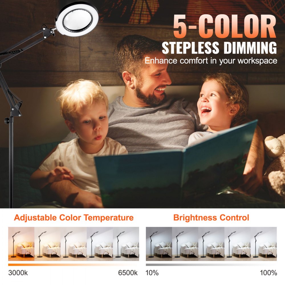 VEVOR 3 en 1 Lámpara de Aumento Fluorescente 5x de Pie, Lupa de Pie con Luz de 5 Modos de Color Lupa de Pie Ajustable en Altura con Luz, Brazo Flexible, Regulación Continua para Lectura y Manualidad