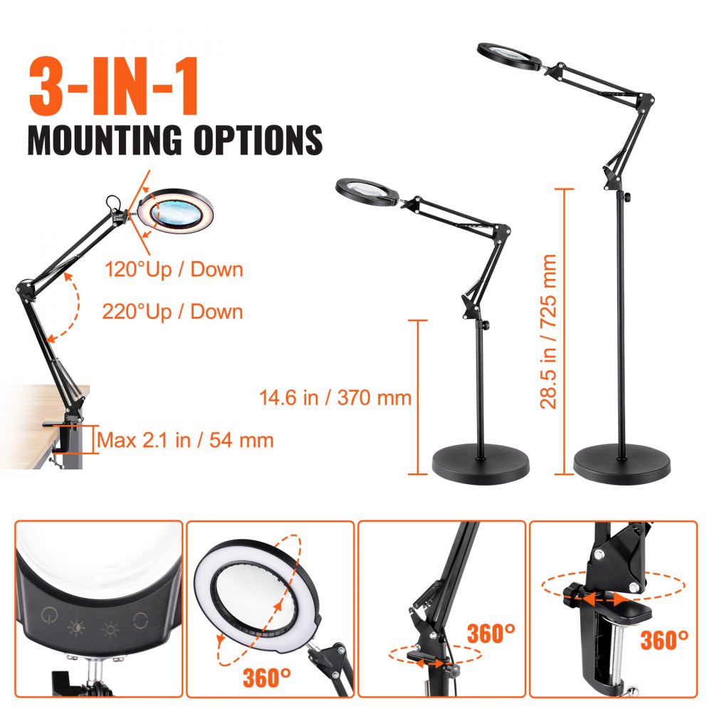 VEVOR 3 en 1 Lámpara de Aumento Fluorescente 5x de Pie, Lupa de Pie con Luz de 5 Modos de Color Lupa de Pie Ajustable en Altura con Luz, Brazo Flexible, Regulación Continua para Lectura y Manualidad